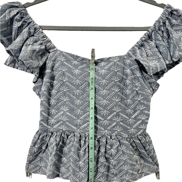 Francesca’s Crop Top. Blue with White Embroidery Flutter Sleeve Back Bow… - Picture 7 of 10